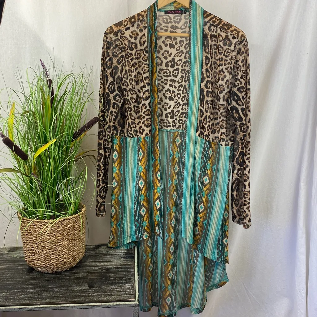 Crazy Train Animal Print Blue & Brown Open Front Swim Bathing Suit Cover Top L - Image 2