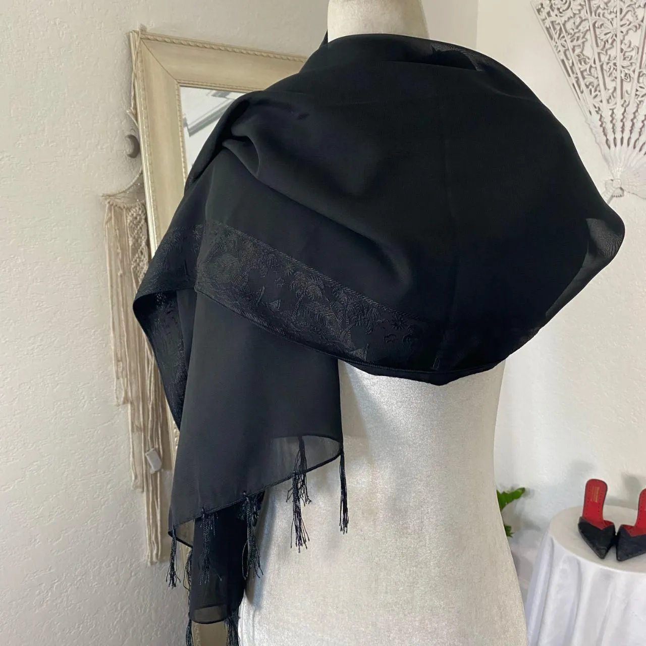 Witchy Whimsygoth Black Mesh Satin Fringe Paisley Scarf / Shawl 42 x 68" Large - Image 4