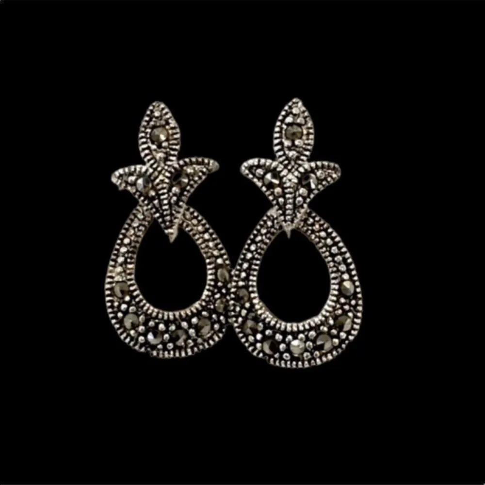 Fleur De Lis Style Marcasite Sterling Silver Drop Earrings - Image 6