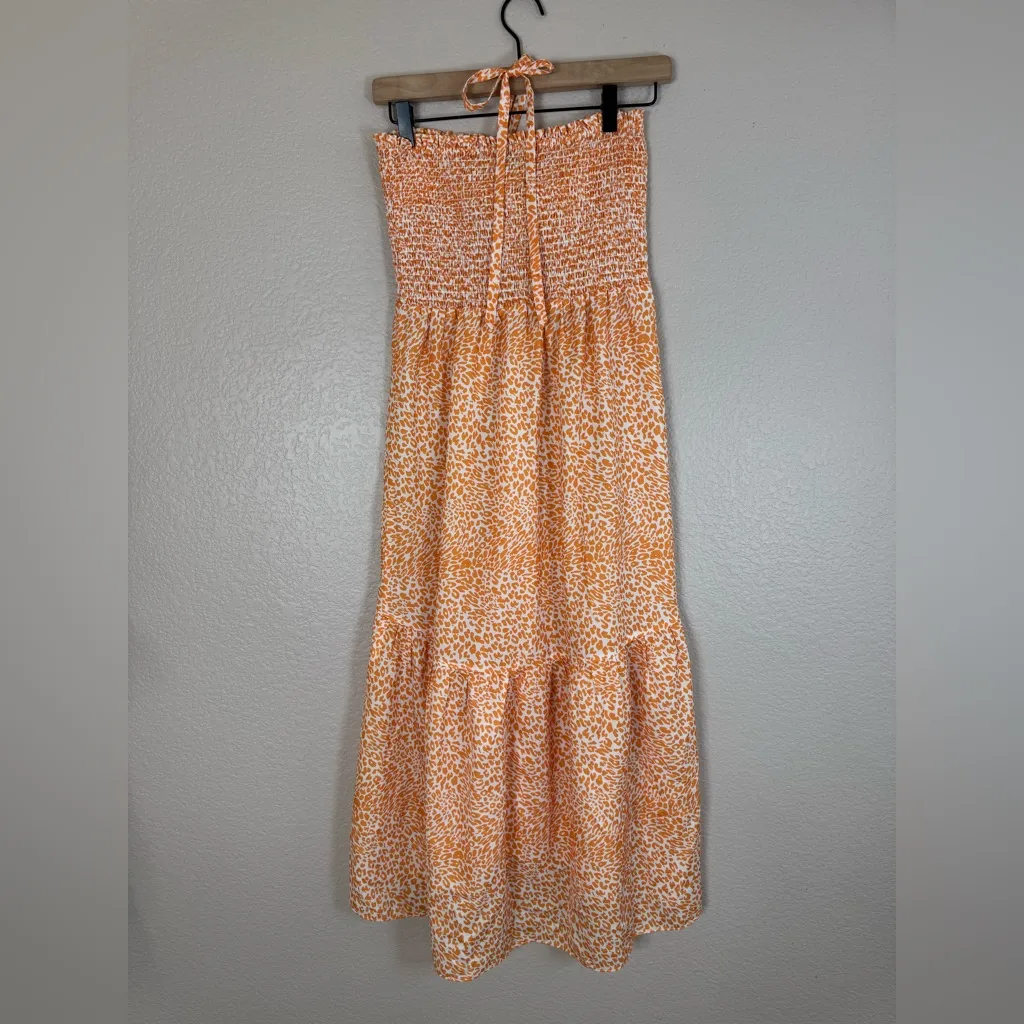 Hale Bob Elbise Strapless Smocked Tie Neck Halter Midi Dress Orange White Small - Image 6