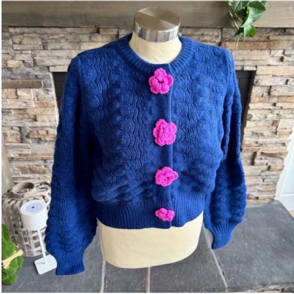 Elegant Blue Cardigan with Pink Floral Details - Image 6