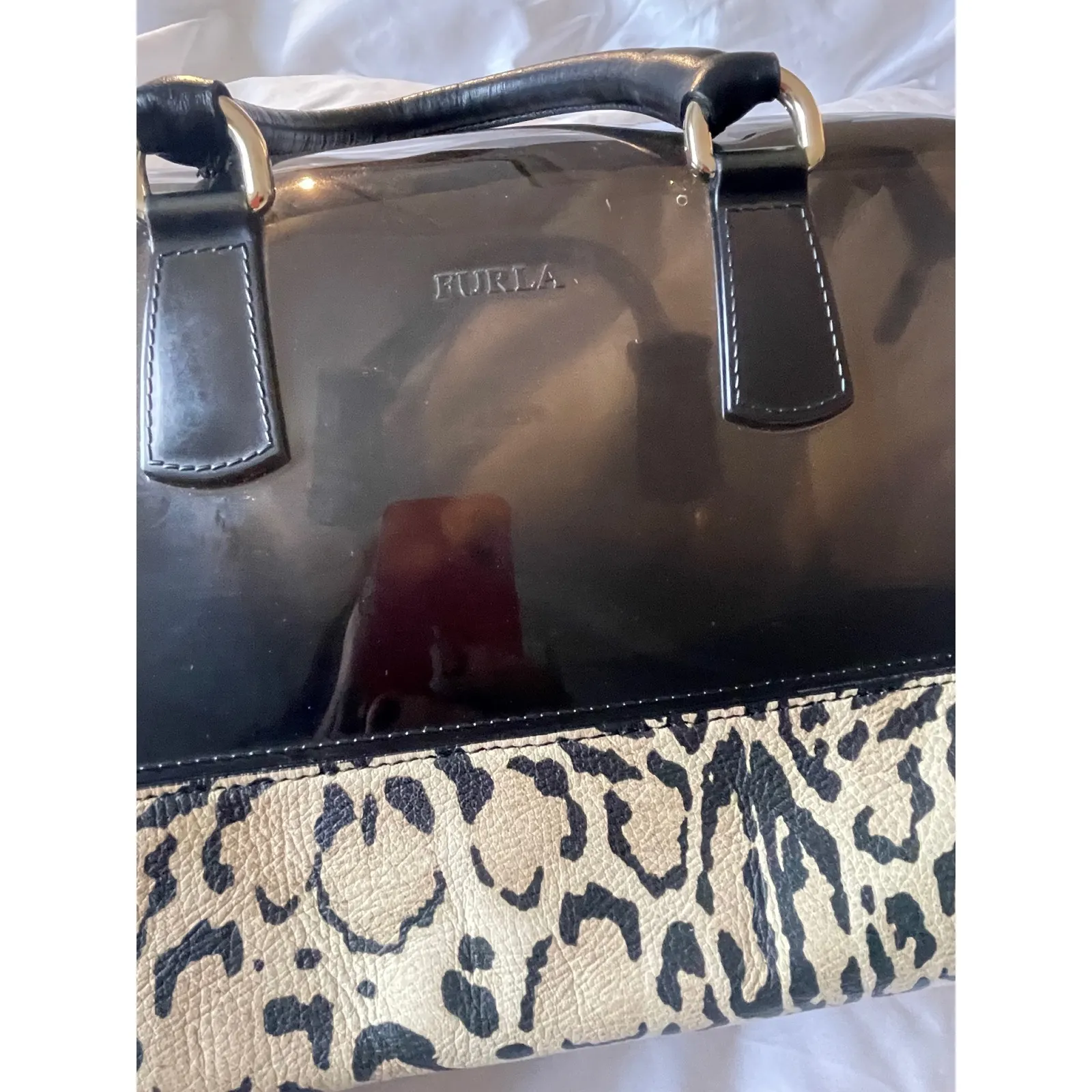 Furla Black Transparent Jelly Tote Bag Leopard Print Trim Gold Lock - Image 2