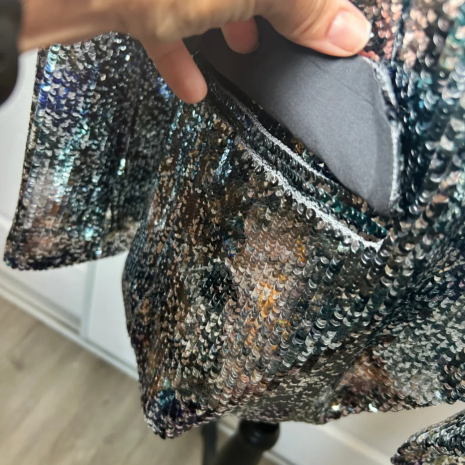 L'Agence Kenzie Sequin Metallic Blazer Jacket Silver Double‎ Breasted Size 16 - Image 12