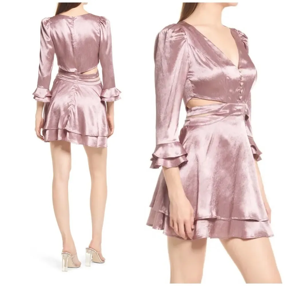 Rahi Metallic Pink Rose Cut Out Satin Mini Dress Ruffle Sleeve Size Medium - Image 3