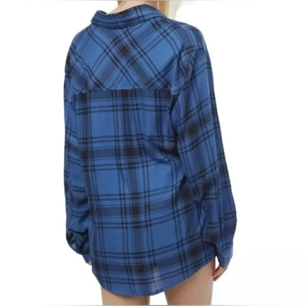 NWT WeWoreWhat Blue Oversized Long Sleeve Plaid Boyfriend Button Shirt S M Blue - Image 5