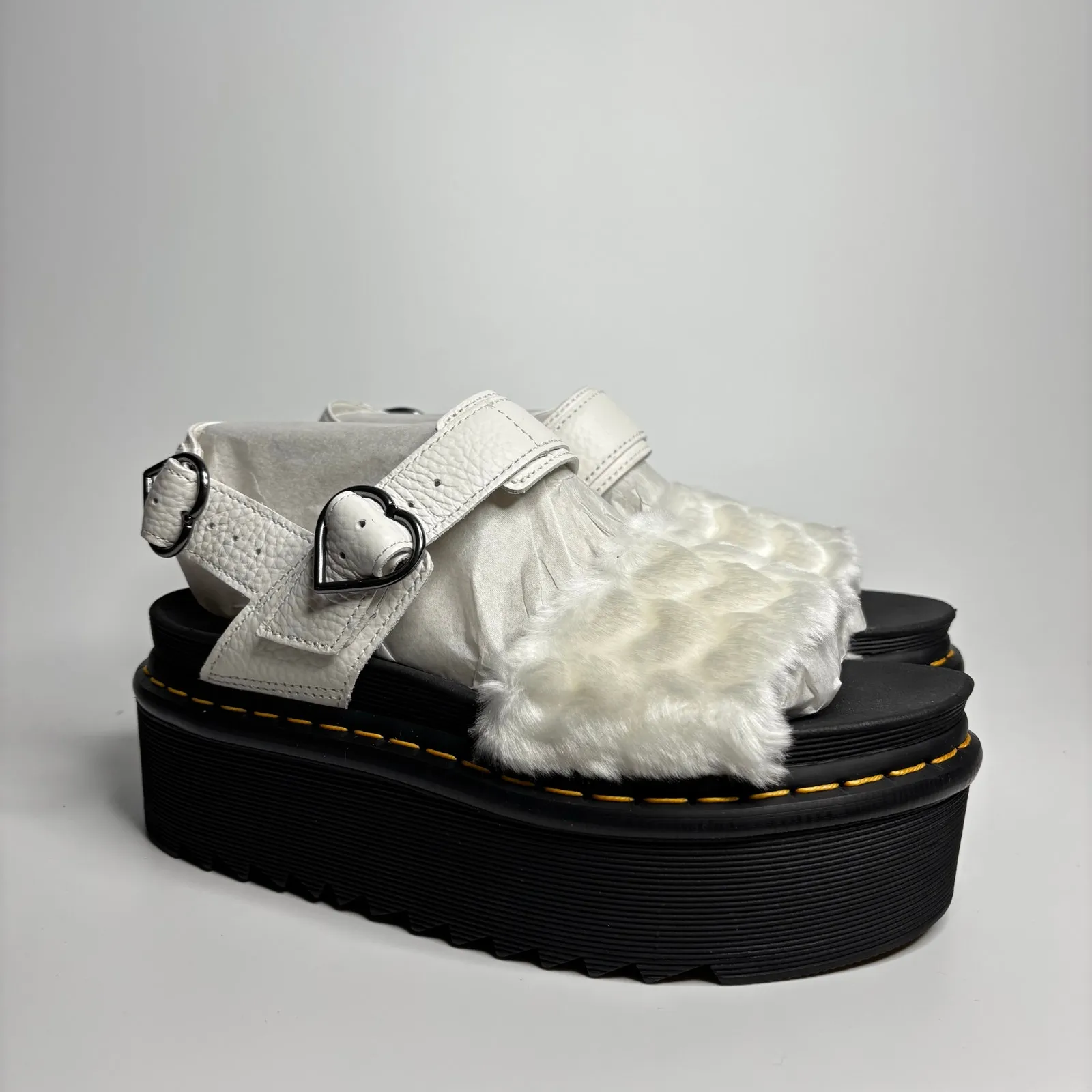 Dr. Martens Voss Heart Fluffy Faux Fur Platform Sandals in White Milled Nappa - Image 6