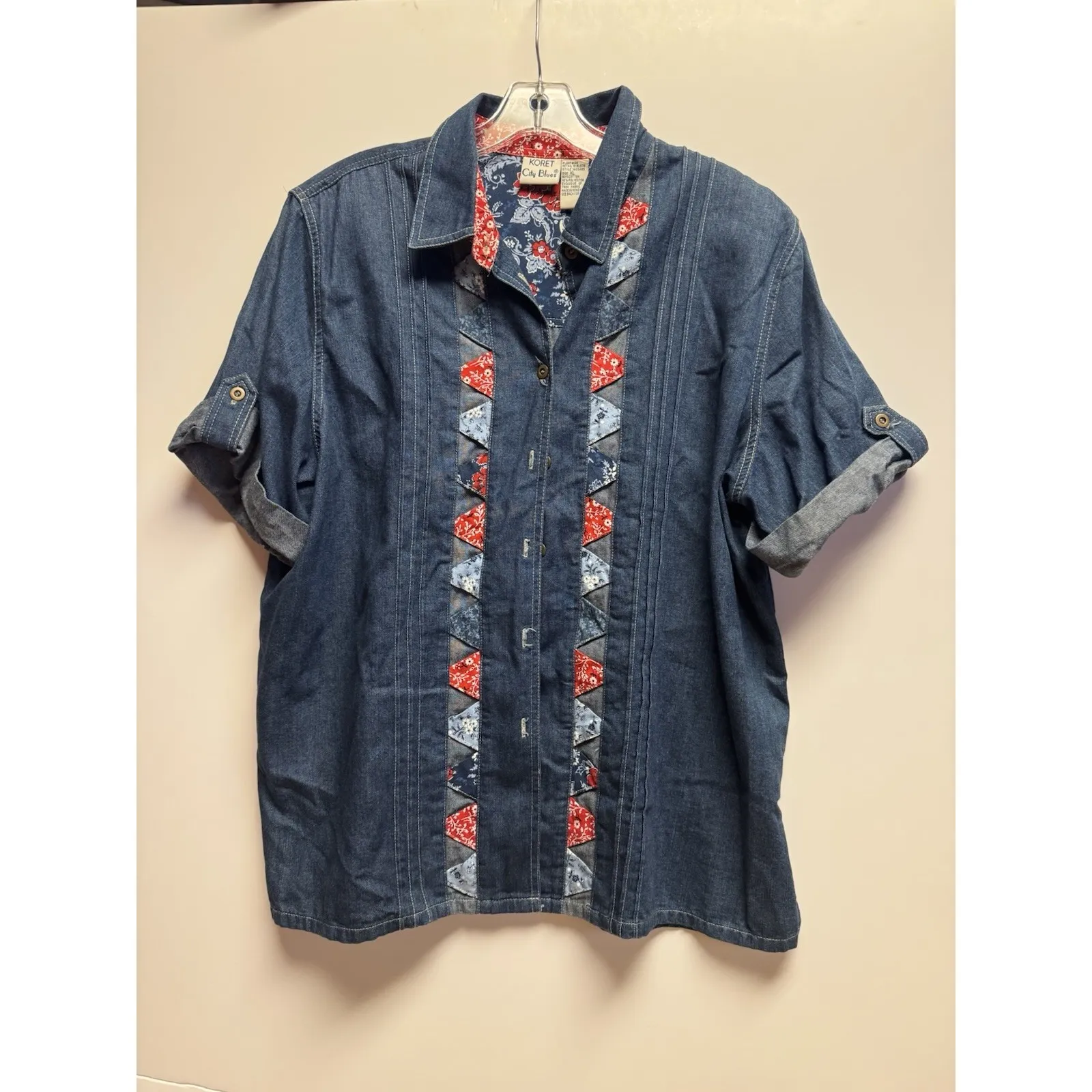 Vintage Koret City Blues Women's Patchwork Bandana "Quilt" Denim Shirt Size XL Blue - Image 2