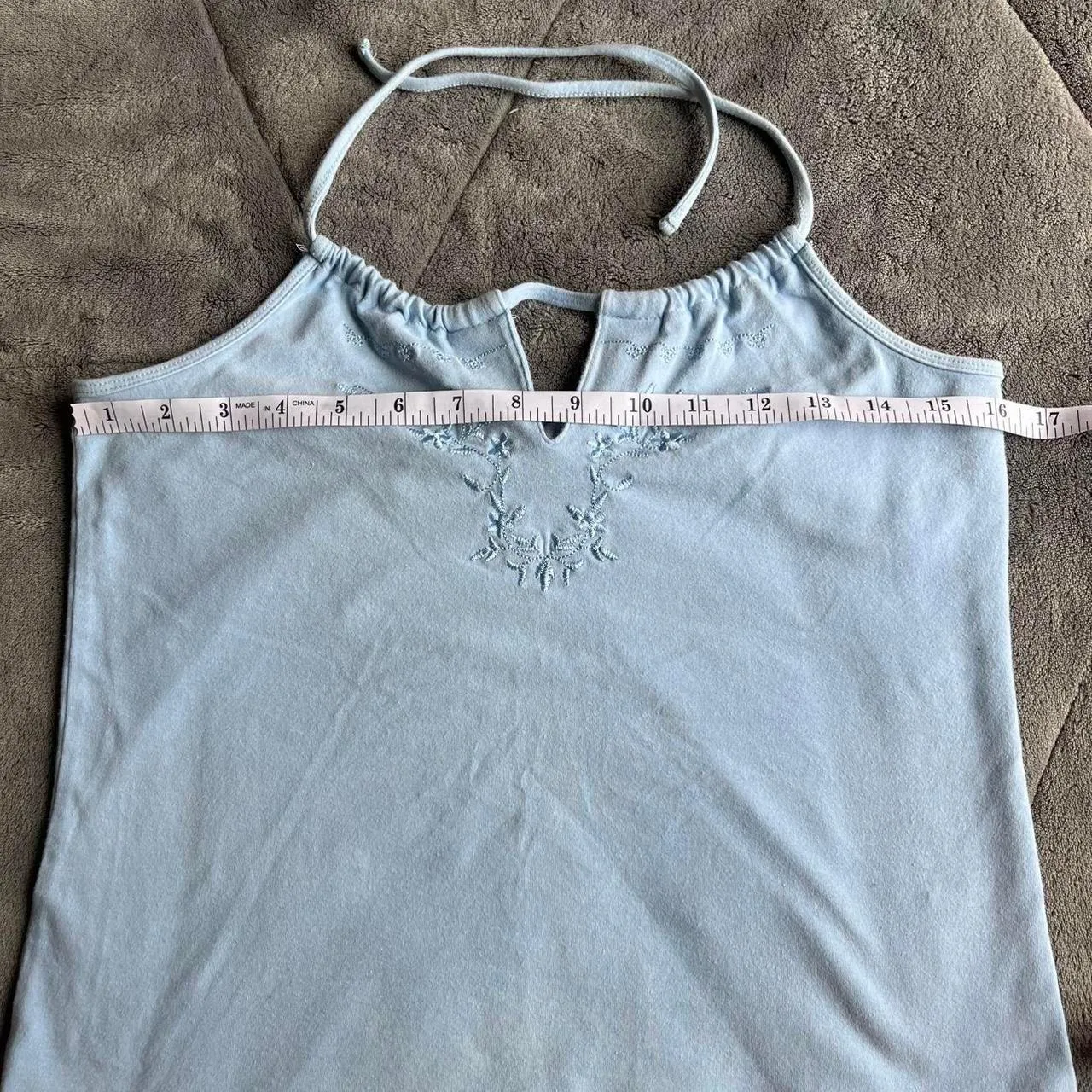 Y2K Arizona Jeans Company baby blue halter crop top floral embroidery size large - Image 5
