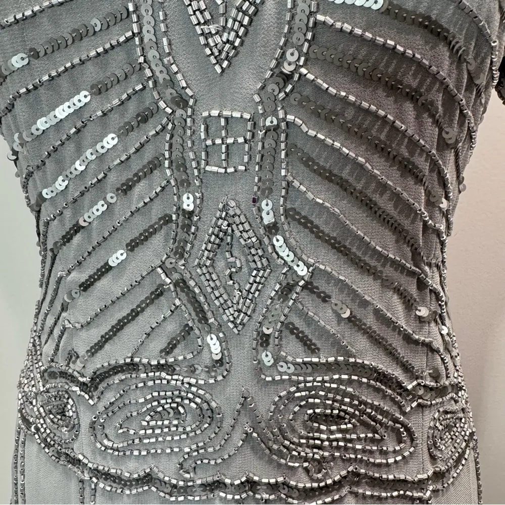 Silver Beaded Sequined Dress Short Sleeve V Neck Cocktail Party by Lace & Beads - Image 6