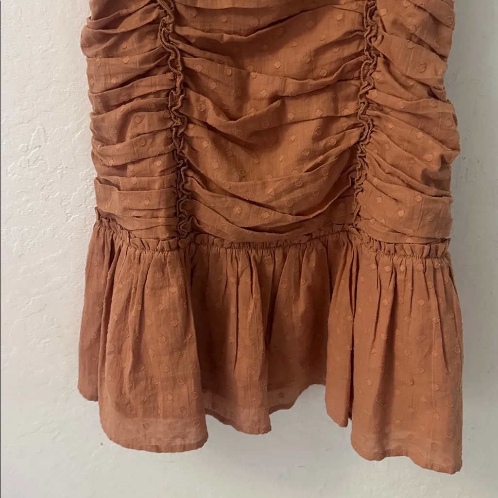 Mable Brown Camel Tan Polka Dot Ruched Mini Dress Tie Straps Large Bodycon - Image 5