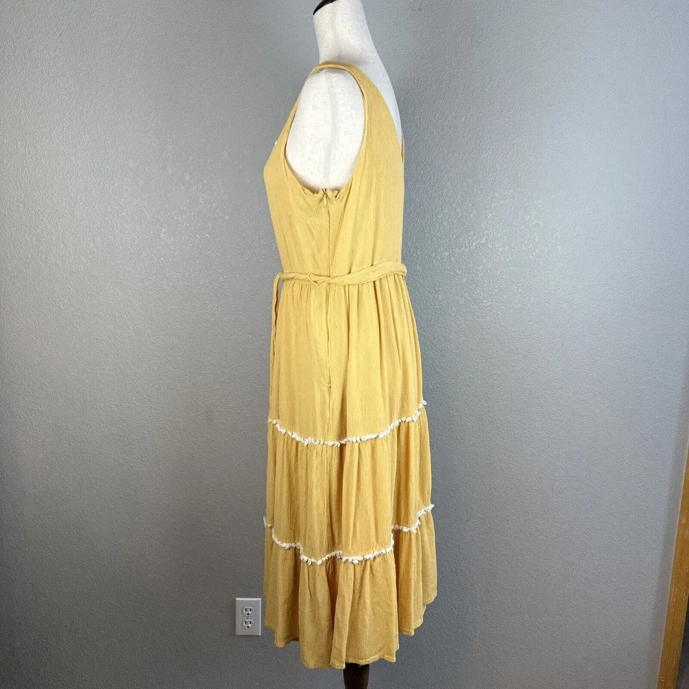 Joie Womens Boho Embroidered Tiered Midi Dress 8 Yellow Crinkle Gauze Belted - Image 3