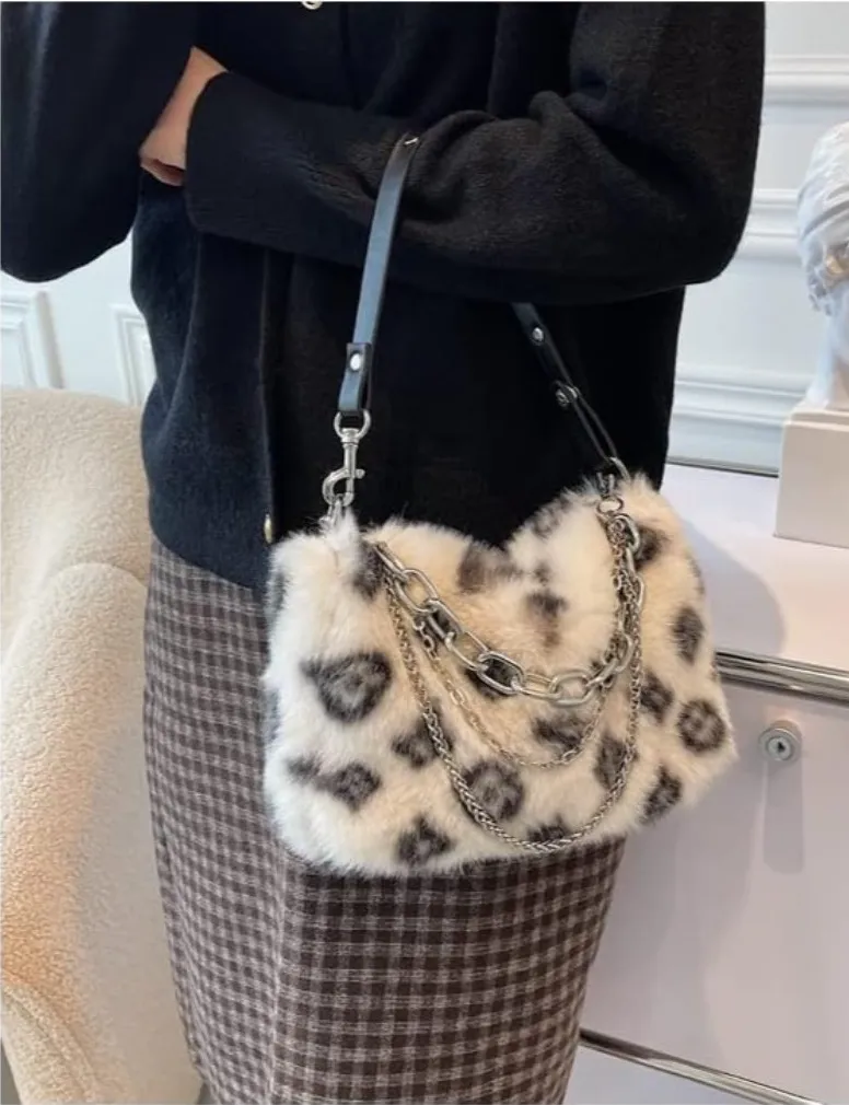 ⚡ Women's New Leopard Tan Print Plush Vintage Zip Closure Shoulder Hobo Bag - Image 1