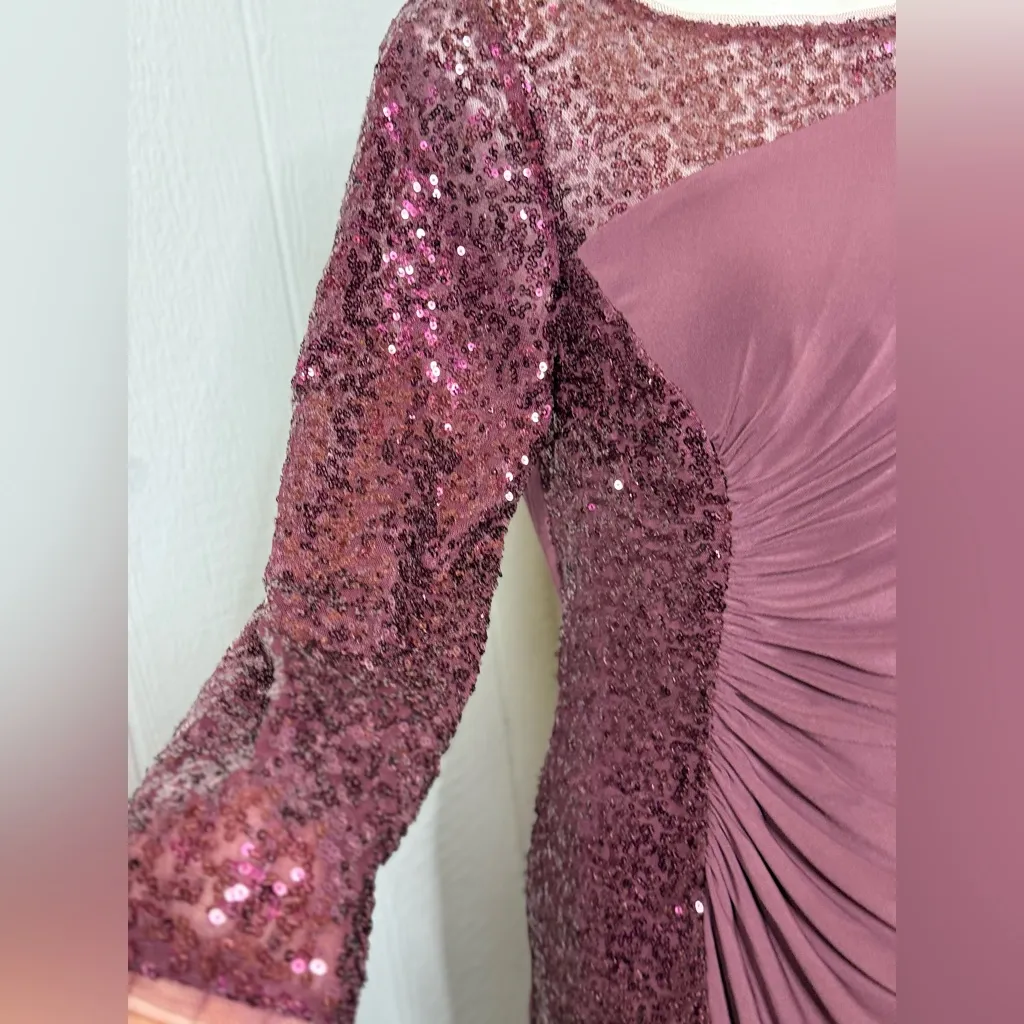 Adrianna Papell Burgundy Sequin Long Sleeve Dress - Image 5