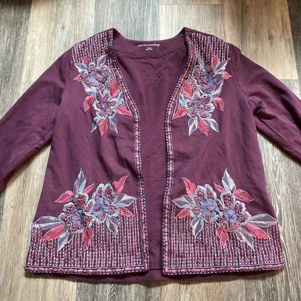 Soft Surroundings Floral Embroidered Mauve‎ Jacket Cardigan Size XS Boho Western - Image 2