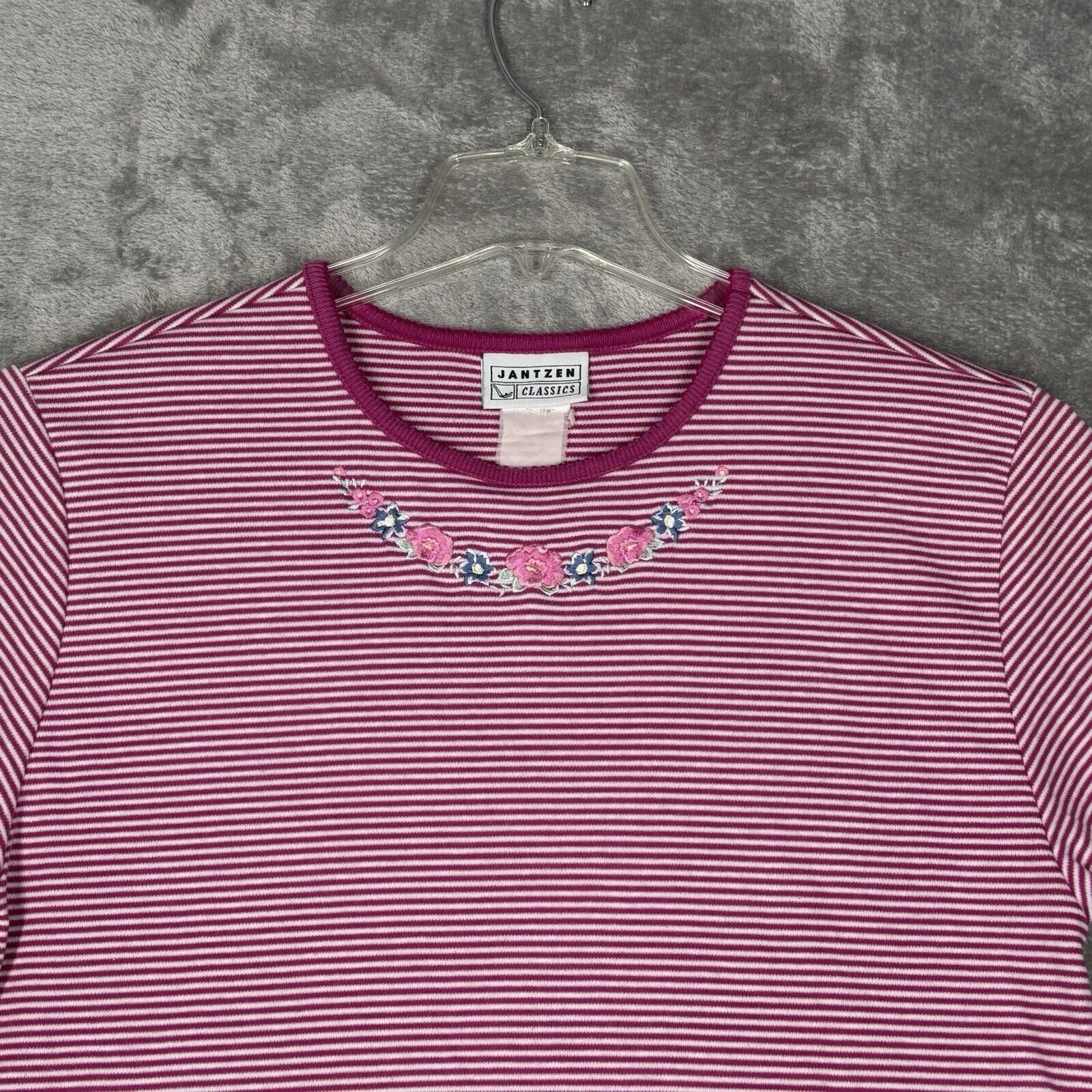 Jantzen Shirt Womens Large Pink White‎ Striped Floral Embroidered Tee Vintage - Image 4