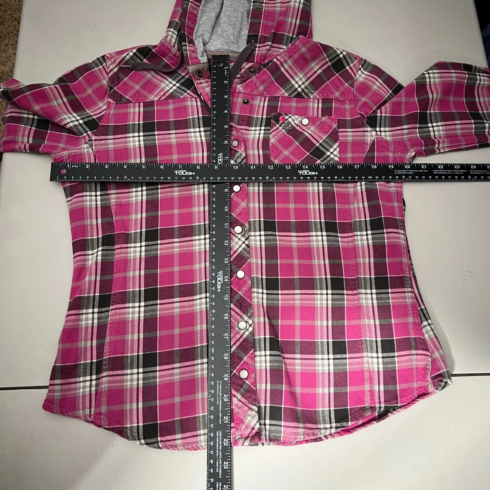 Carhartt Flannel Shirt Womens Small Pink Plaid Hooded Pearl Snap Rugged Shacket - Image 2