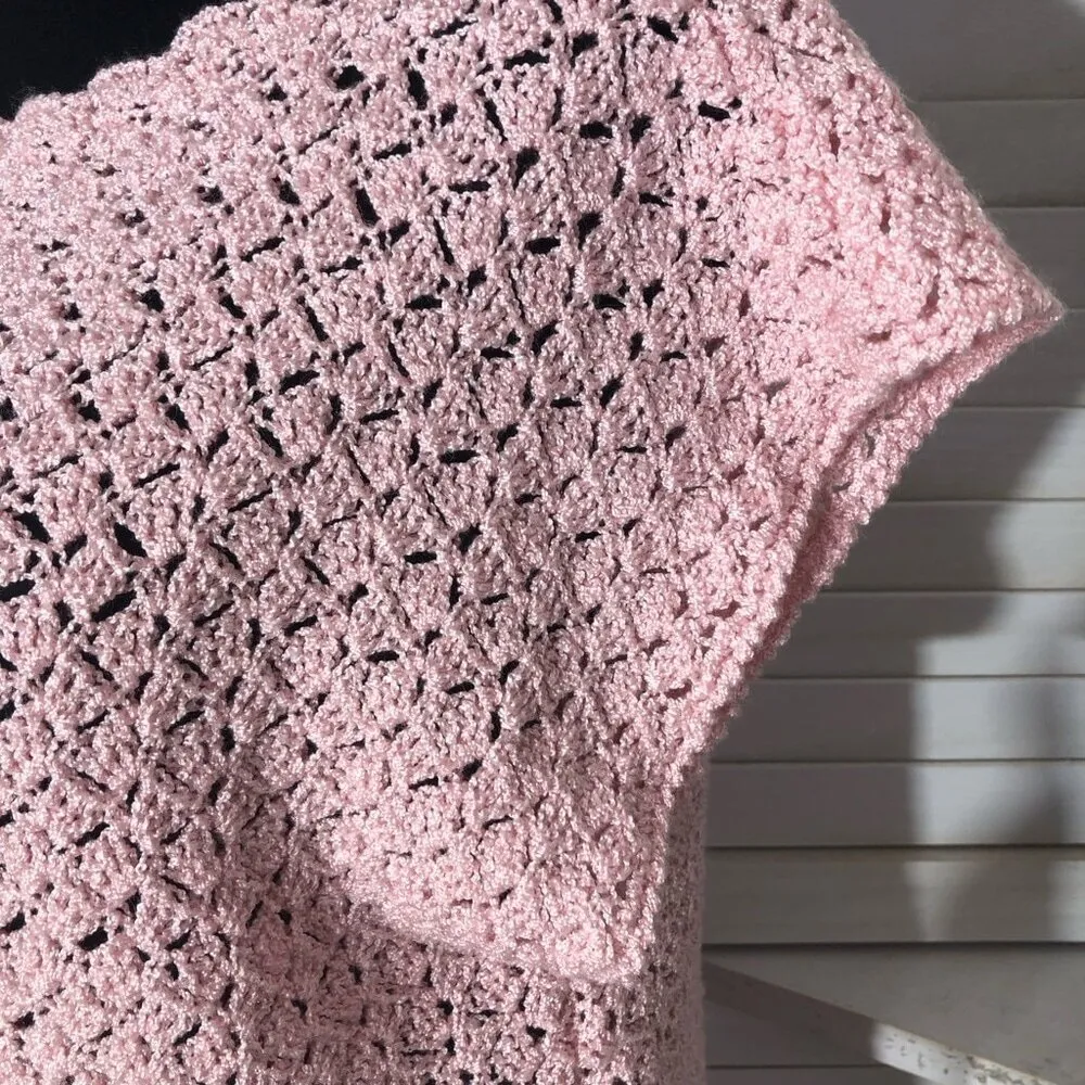 Vintage Handmade Crochet Knit Blouse Light Pink Medium - Image 7