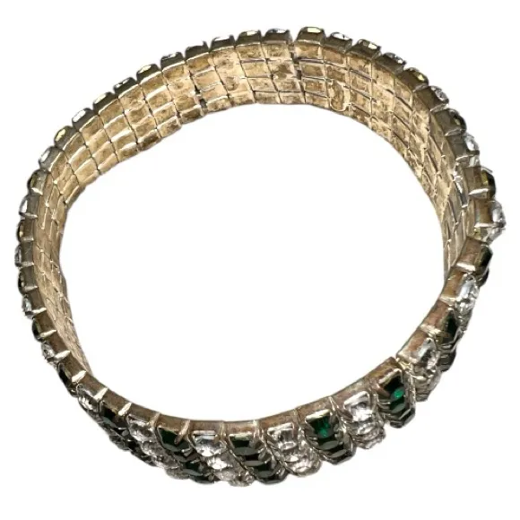 Elegant Green and white rhinestone stretchy wide wrist bracelet . New - Image 6