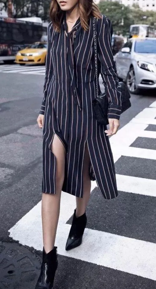 Frame 100% Silk Navy Vintage Stripe Long Sleeve Button Up Midi Dress - Image 12