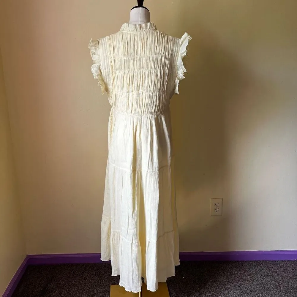 Ba&sh Noah Shirred Cotton Gauze Midi Dress Yellow Ruffle Sleeve Prairie Boho 10‎ - Image 5