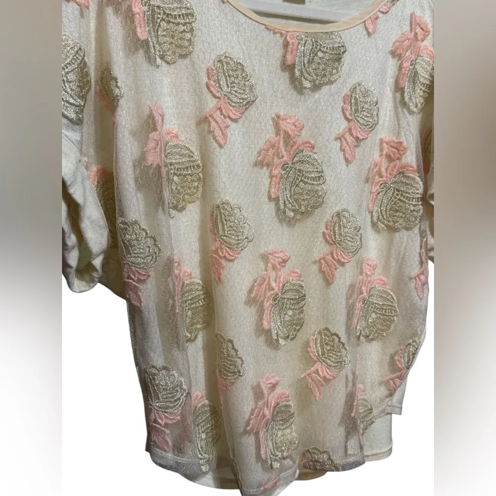 Anthropologie Brandlabel Womens Beige Cap Sleeve Floral Embroidered Blouse Sz M - Image 5
