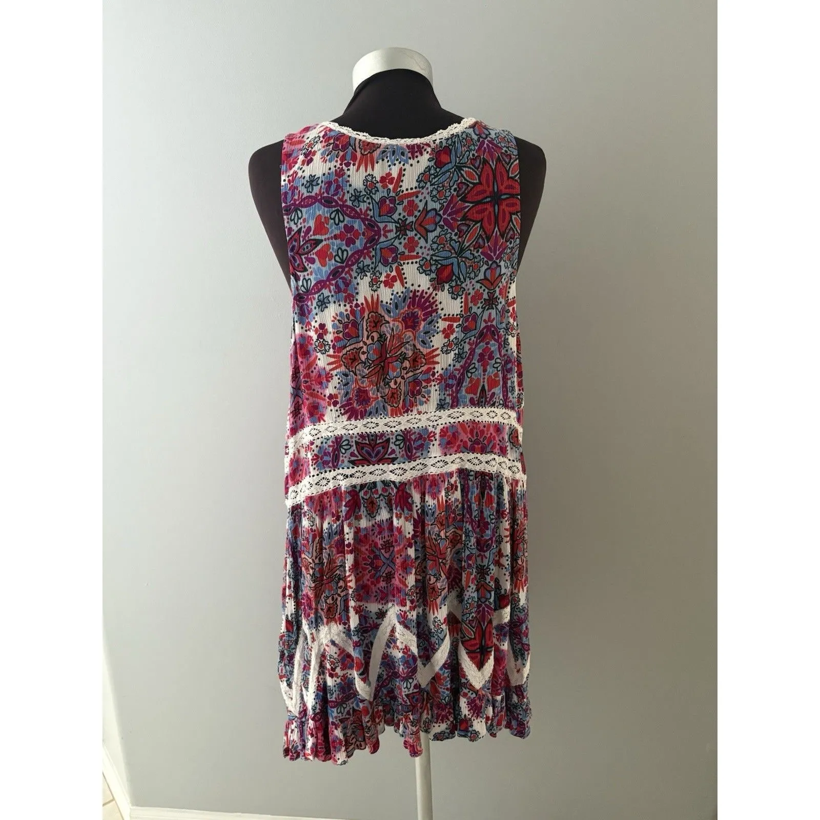 Patrons Of Peace Sleeveless Dress M Pink Floral Lace Tank Boho Festival Gauze - Image 4