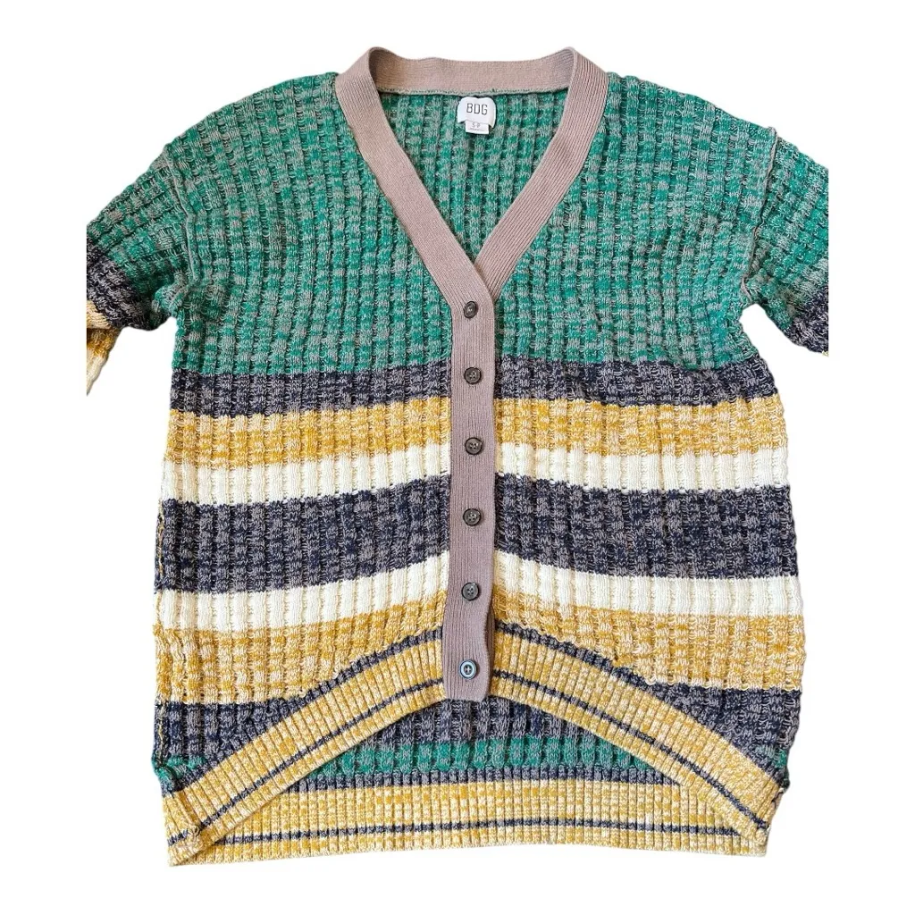 BDG Urban Outfitters Yellow Green Grey Kellan Striped V Neck Cardigan Size Small - Image 11