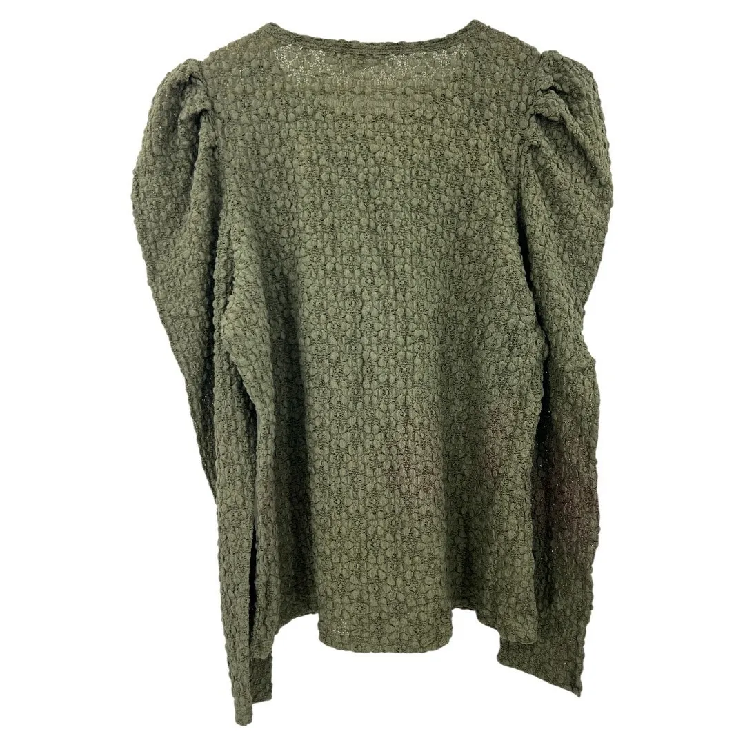 LOFT XL Olive Khaki Green Textured Top Long Puff Sleeve Sheer Stretchy Shirred - Image 2