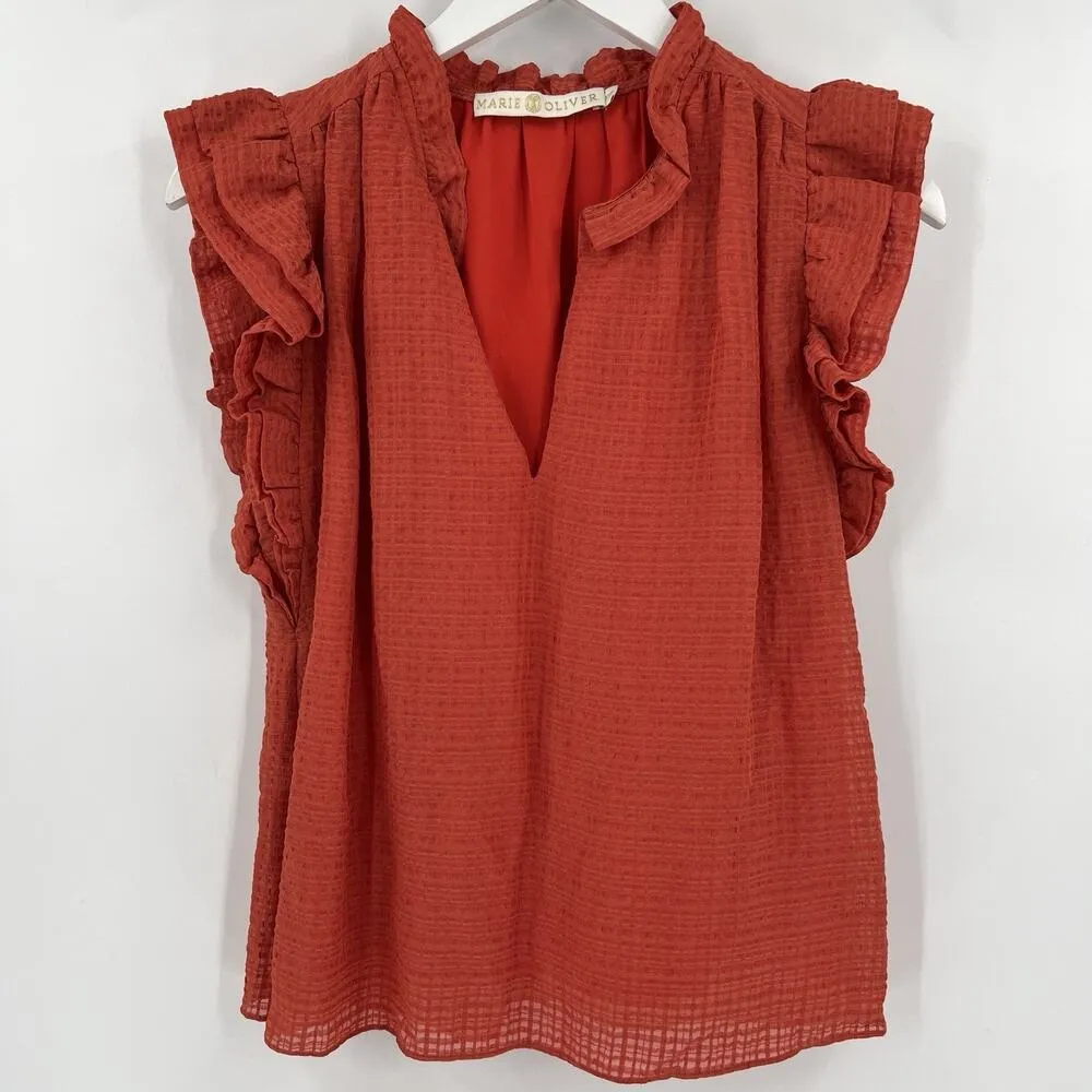 Marie‎ Oliver Merrit Linen Blend Ruffle Cap Sleeve Top V-Neck Blouse Size XXS - Image 3