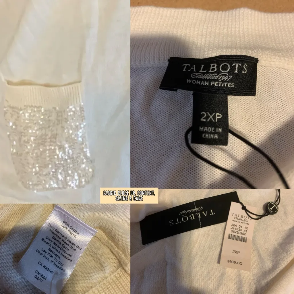 TALBOT'S WOMAN PETITES CREAM COTTON BLEND CARDIGAN W/SEQUINS NWT (2XP) - Image 10