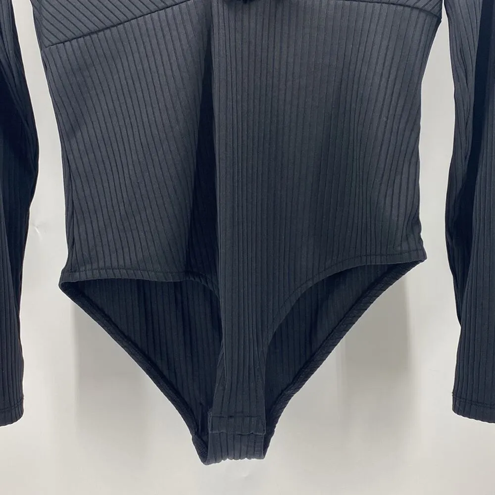 H&M black faux wrap ribbed black bodysuit date night girls night basic - Image 4