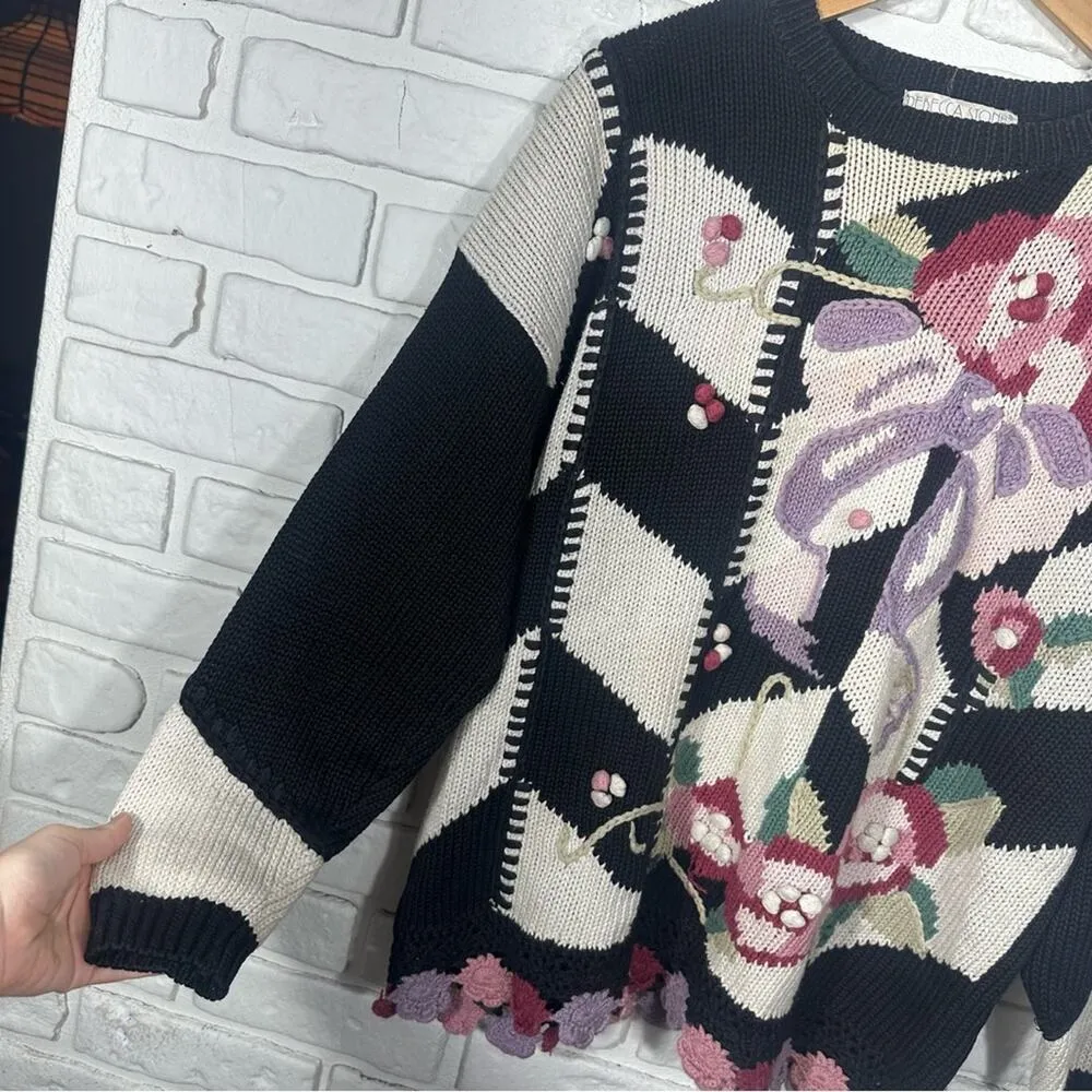 Rebecca Stone Vintage Floral Crochet Sweater Size Large Black - Image 10