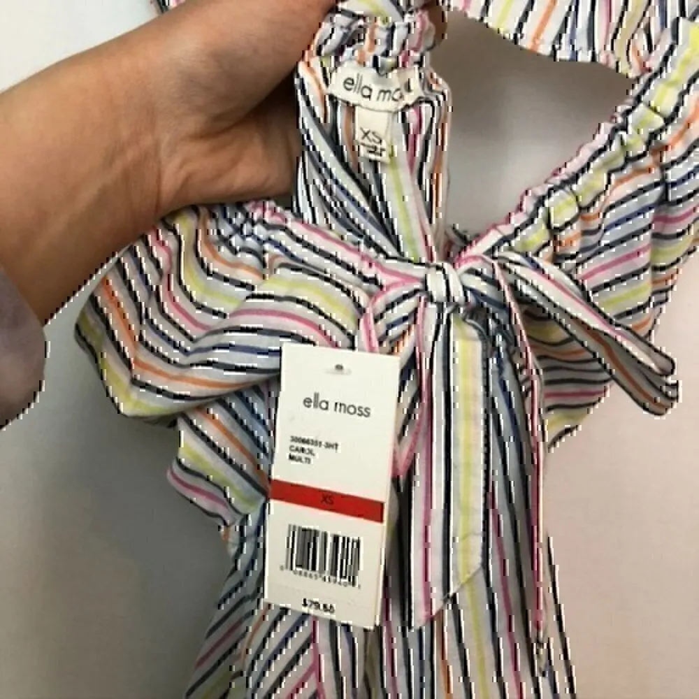 ELLAS MOSS Carol Ruffle Cap Sleeve Square Neck Top White Pink Blue Convertible XS - Image 10