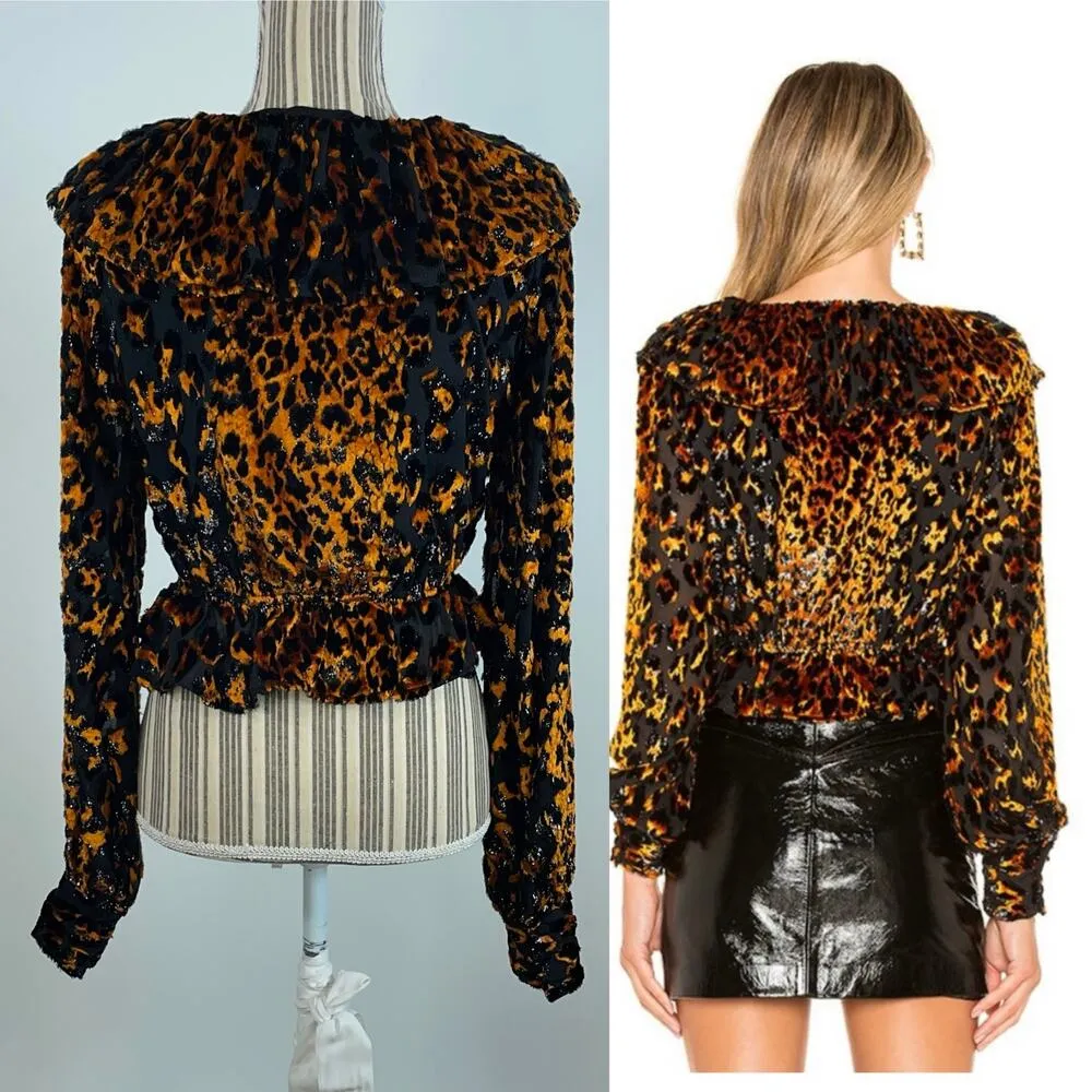 NBD Edie Animal Print Textured Ruffled Lace Up Front Peplum Top Size XS - Image 2