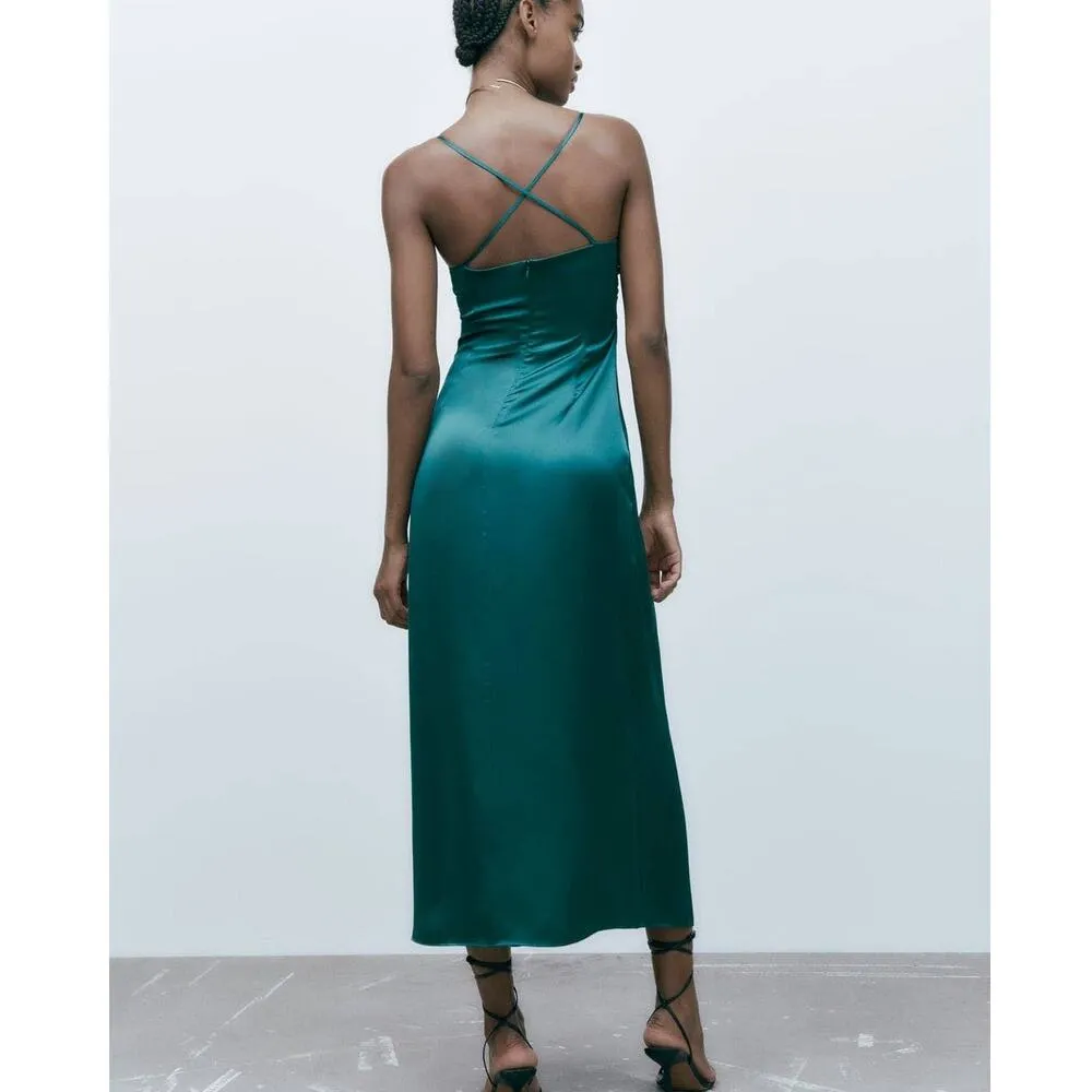 Zara SATIN LINGERIE STYLE DRESS in Duck Blue - Image 4