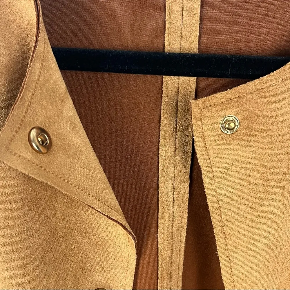 ZARA Faux Suede Vegan Fur Trim Camel Snap Button Closure Side Pocket Coat Small - Image 9