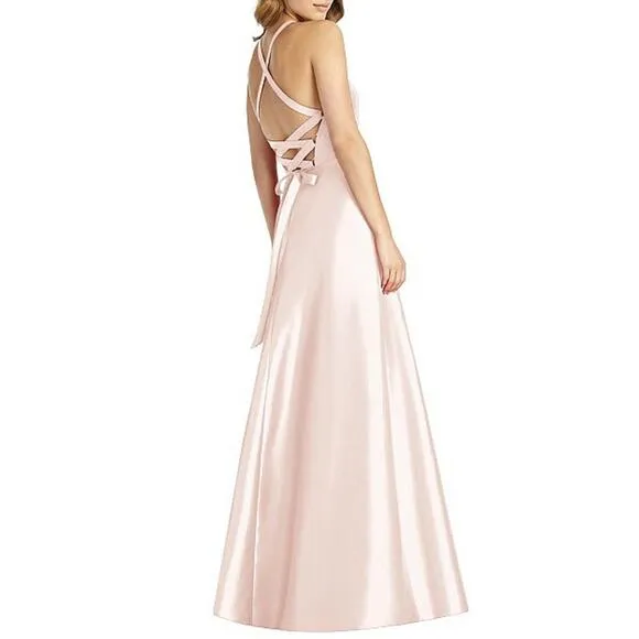 NWT Alfred Sung Lace-Up Back Satin Bridesmaid Gown in Blush Pink D763 - Image 2