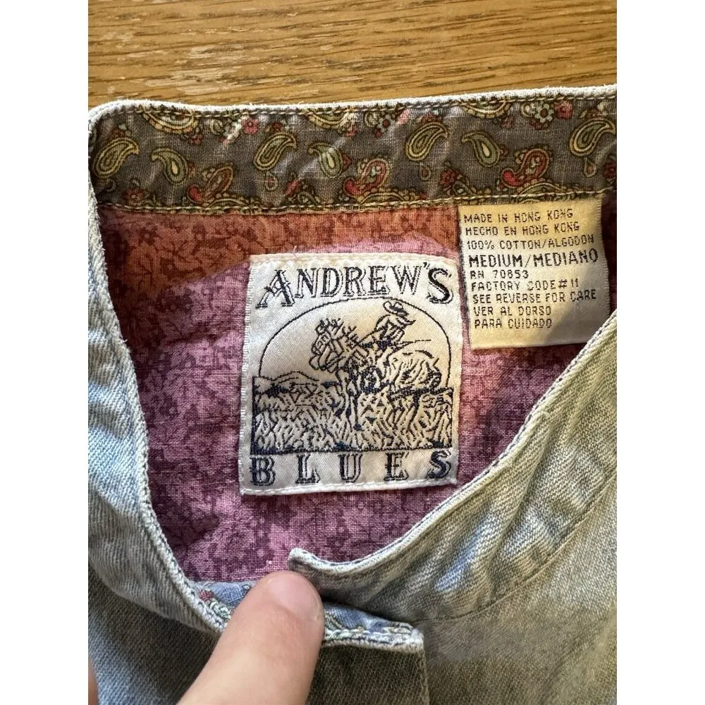 Andrew’s Blues Denim Size Medium Button Up Shirt Cotton Hippie Boho Short Sleeve Blue - Image 3