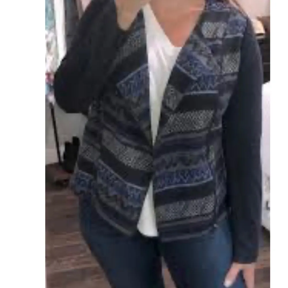 Stripe Jacquard Faux Suede Sleeve Moto Jacket Navy Blue Sz Medium - Image 16