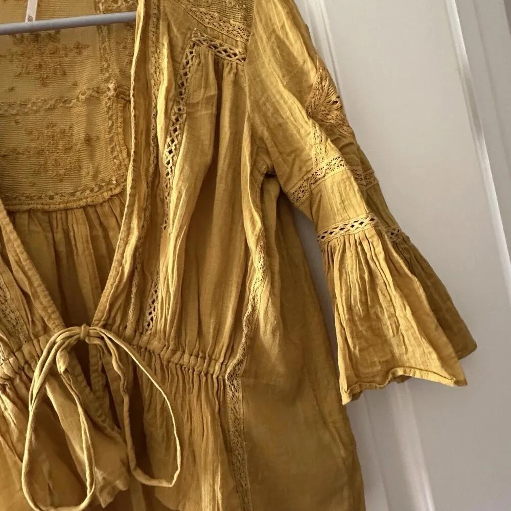 Free People Yellow Open Tie Front Shrug  Shirt Top Sz Extra Small XS Women’s - Image 3