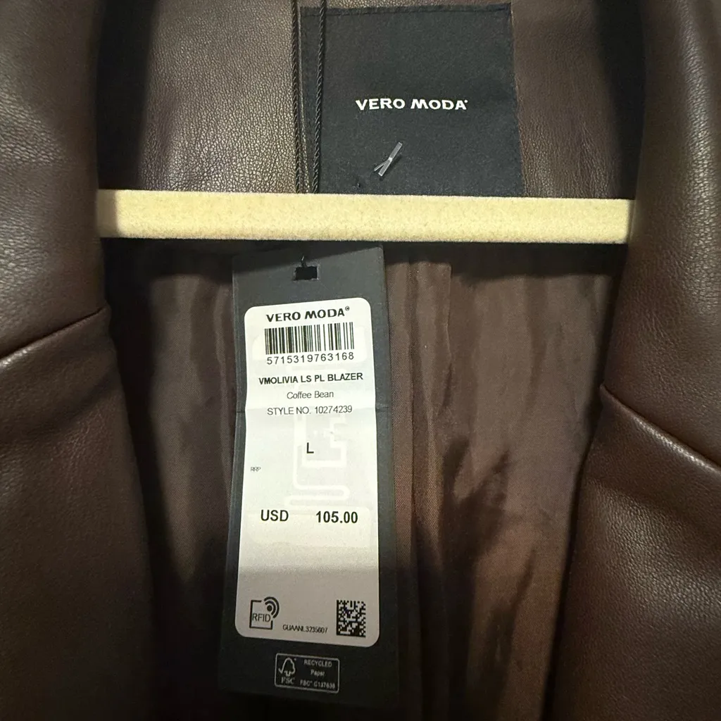 Vero Moda Blazer Size L Olivia Faux Leather Blazer in Coffee Bean Pockets - Image 4