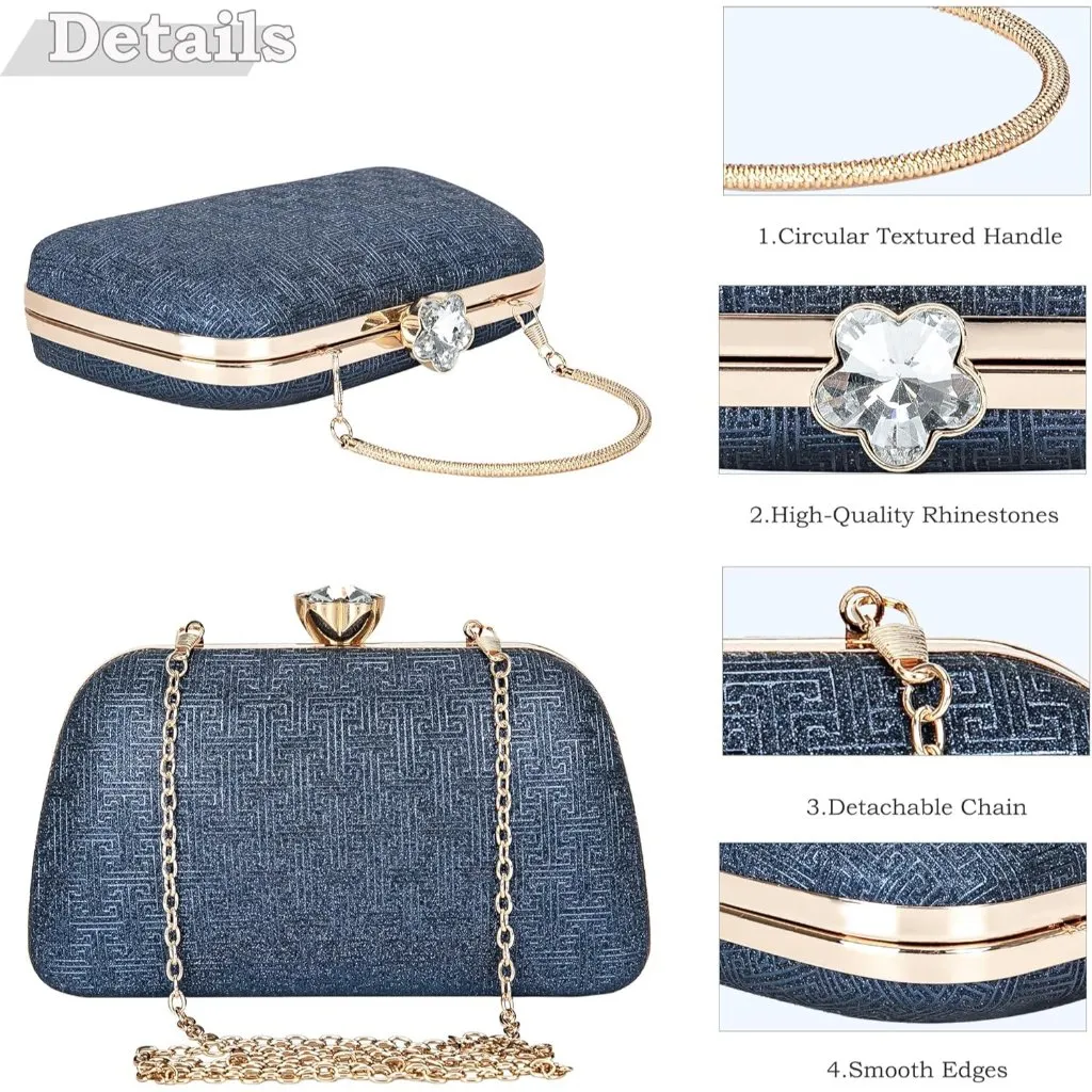 ⚡ Women's Blue Elegant Rhinestone Formal Events Unique Clutch Chain Strap Bag - Image 4
