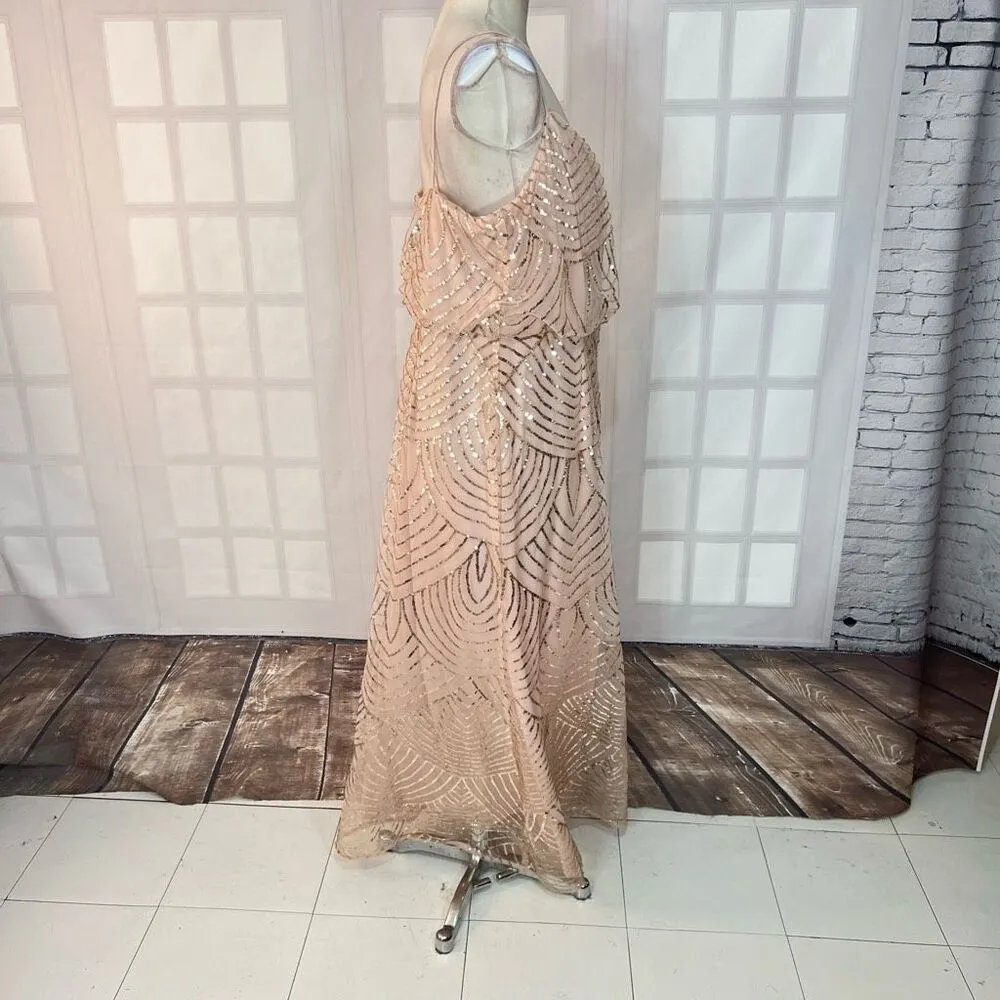 Adrianna Papell NWT Pink Gold Spaghetti Strap Sequin Mesh Blouson Gown Size 18 - Image 8