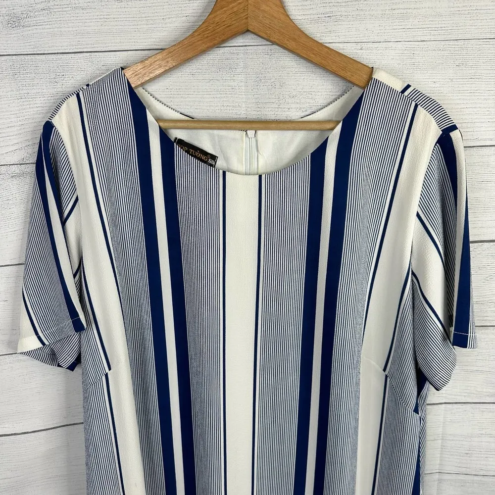 Shop Tuong Womens size Large Striped Silk Shirt Dress Nautical White Blue - Image 3