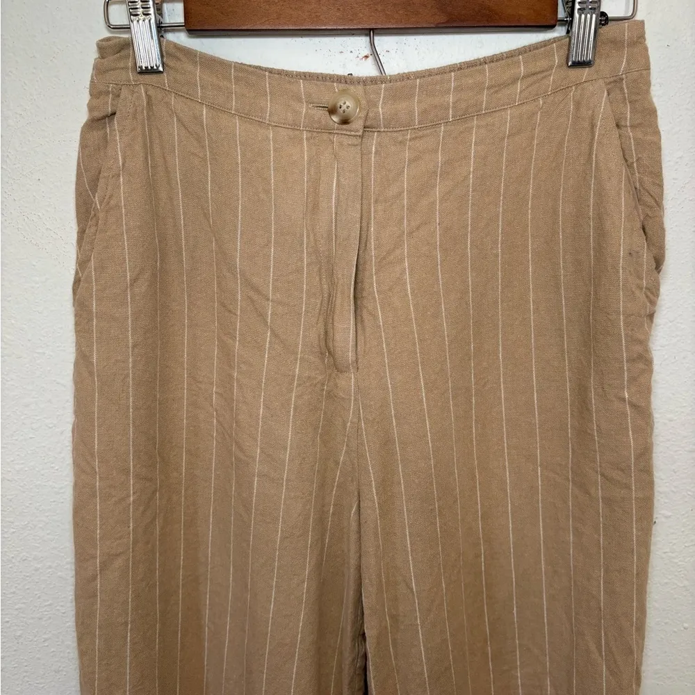 Skies Are‎ Blue Small Tan Linen Cropped High Rise Pin Striped Pants 73976 Latte - Image 3