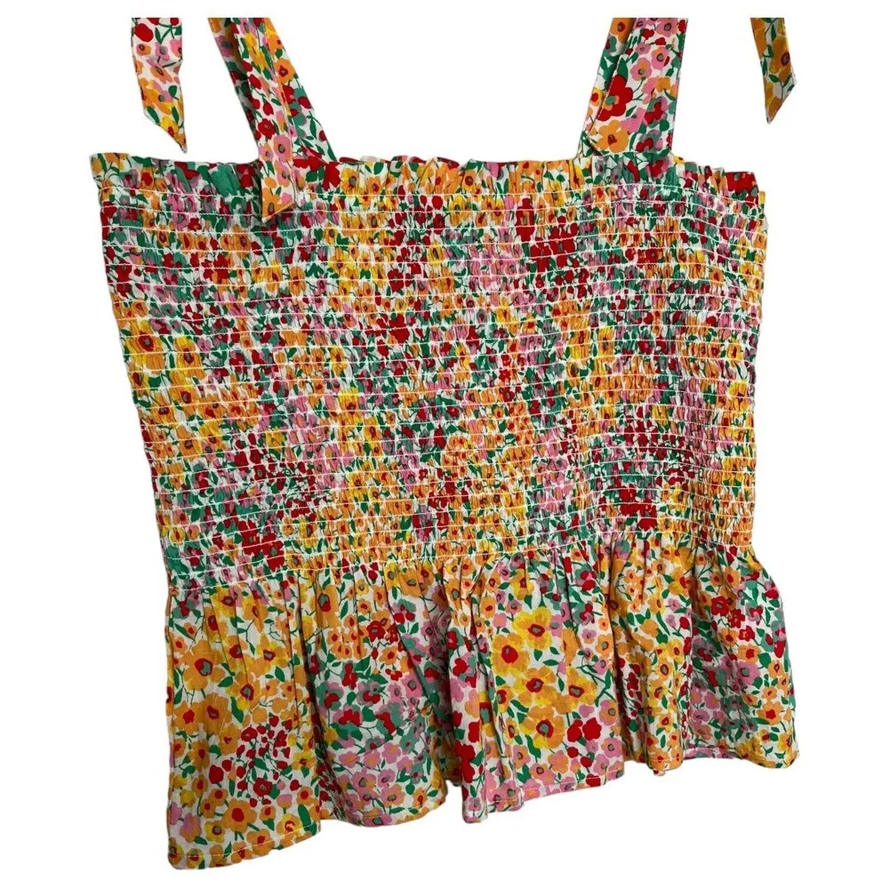 New J Crew Top Womens M Smocked Ditsy Floral Tie Shoulder Straps Tank Multi - Image 4