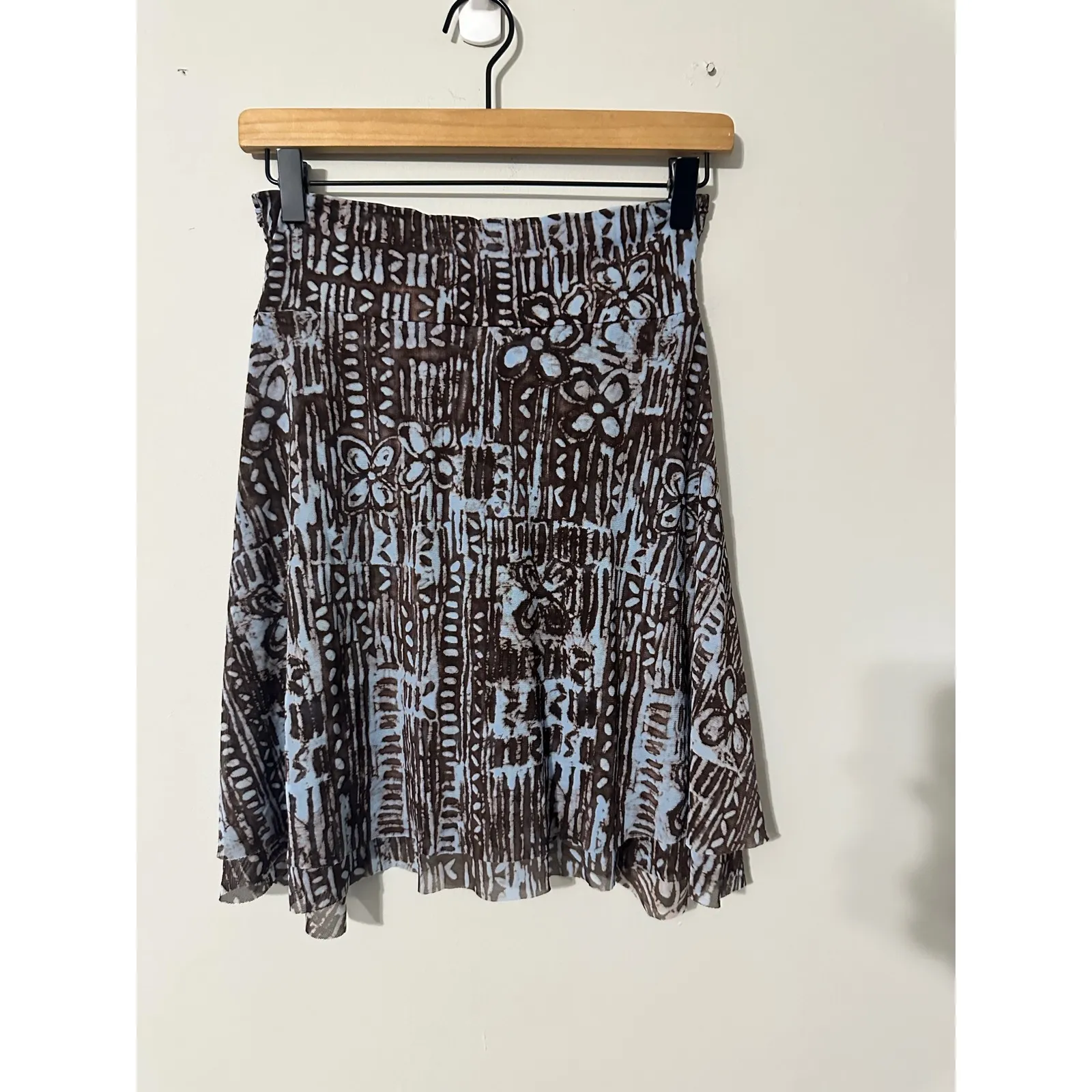 Profile‎ Gottex S Brown Blue Abstract Print Ruched Tie Front Mesh Skirt Cover Up - Image 4