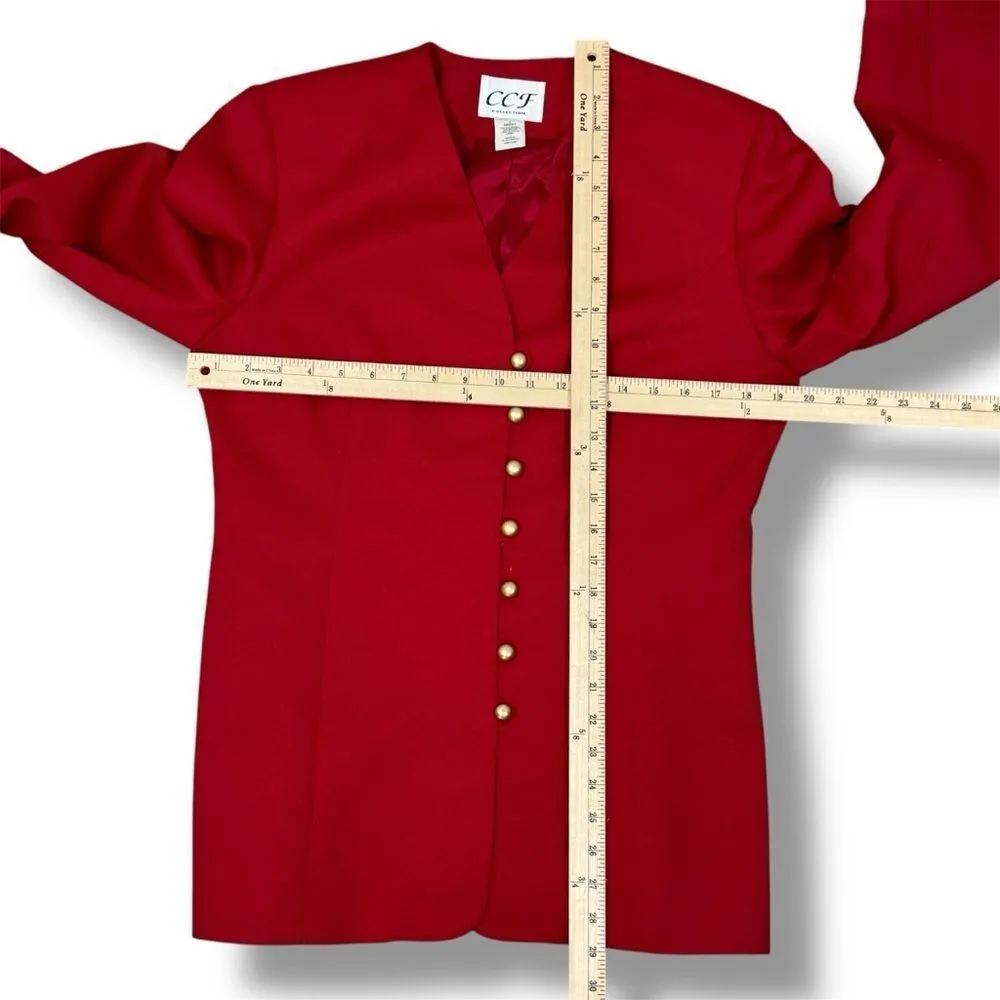 Vintage 90s CCF Collection Collarless Multi Button Blazer‎ Jacket Cherry Red 6 - Image 10