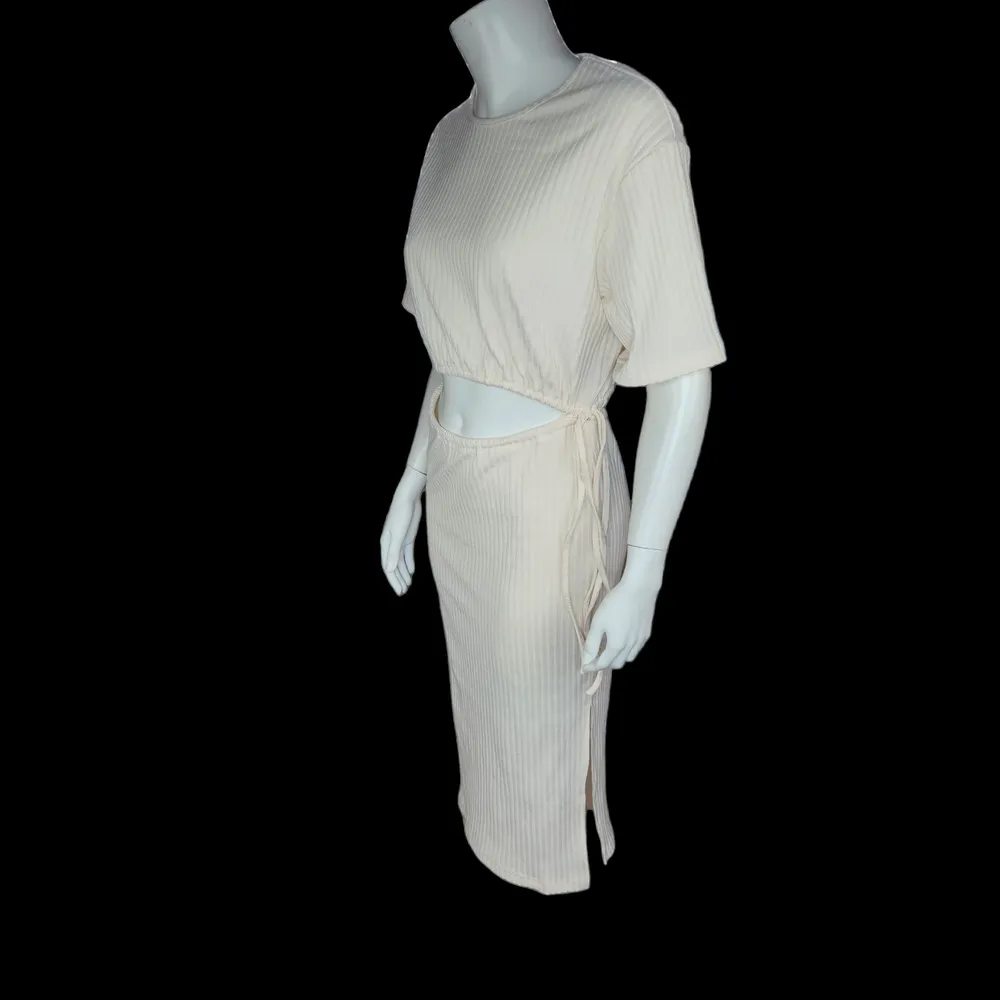 4th and Reckless Womens Small Cream Textured Midi Dress Cutout Short Sleeve - Image 4