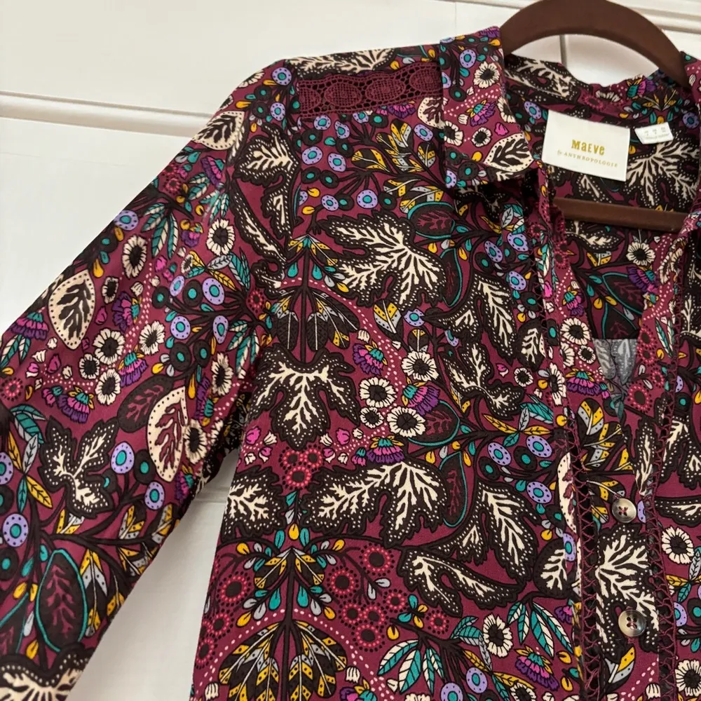Anthropologie Maeve Janie Flounced Peasant Blouse Size‎ 2 XS Floral Maroon Print - Image 8